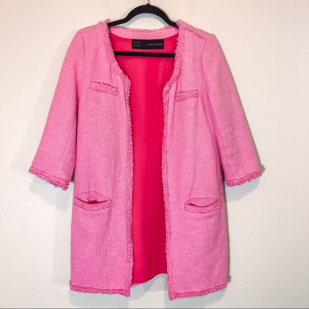 Zara Basic Long Tweed Vibrant Pink Cardigan M
